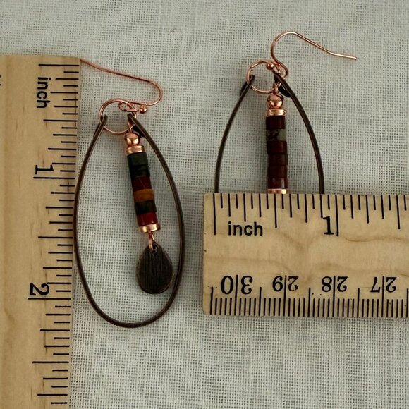 Copper Drop Hoop Teardrop Earrings Multicolor Beads Boho Earthy Indie Artistic - Picture 4 of 8